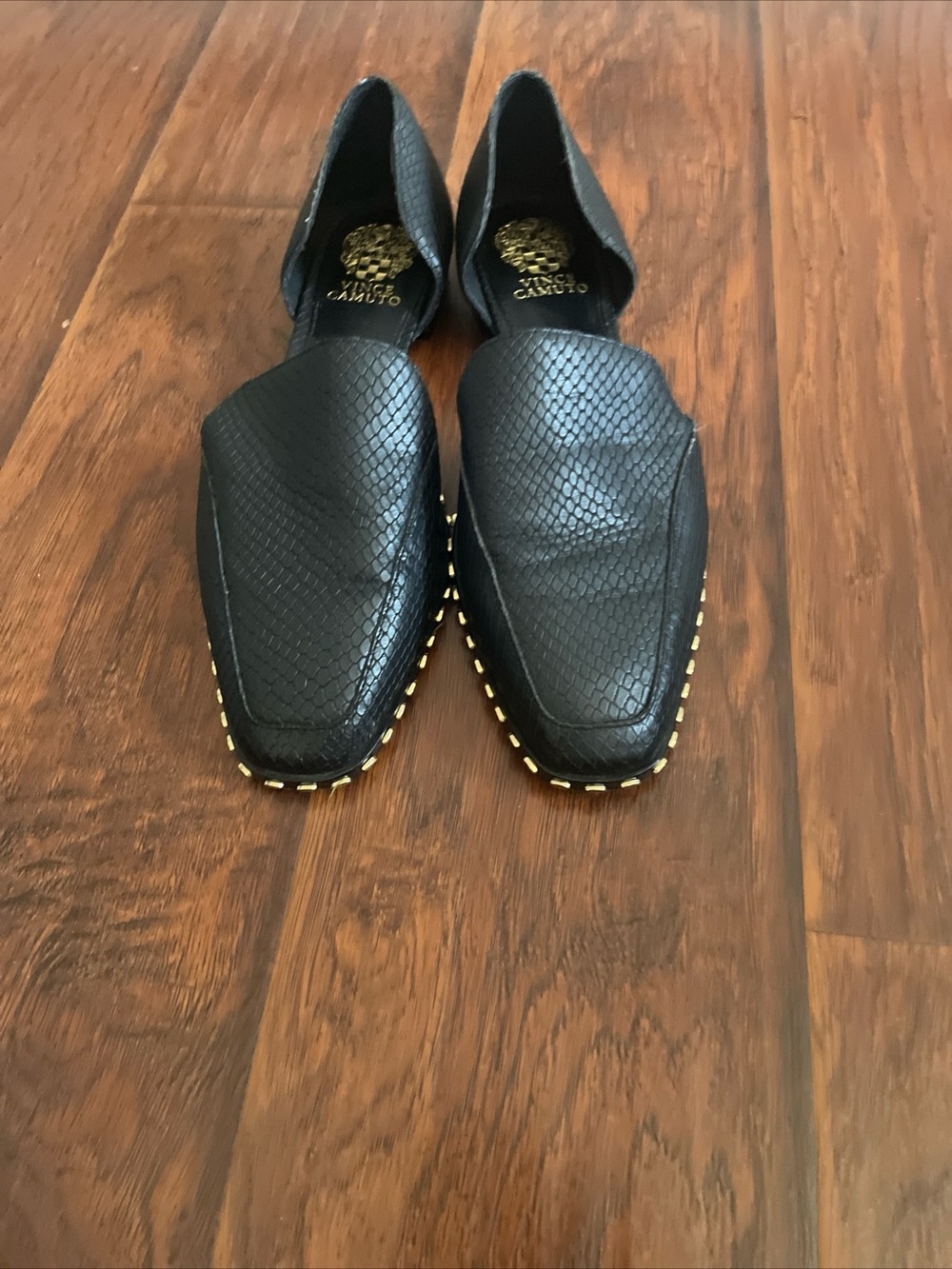Vince Camuto Black Snake-Embossed Loafers with Gold Stud Trim